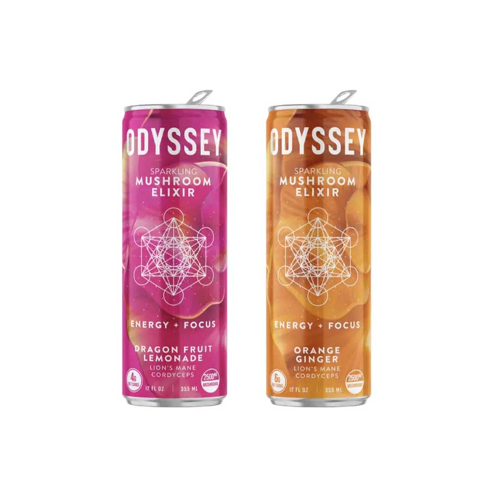 Odyssey Sparkling Mushroom Elixirs, two side by side